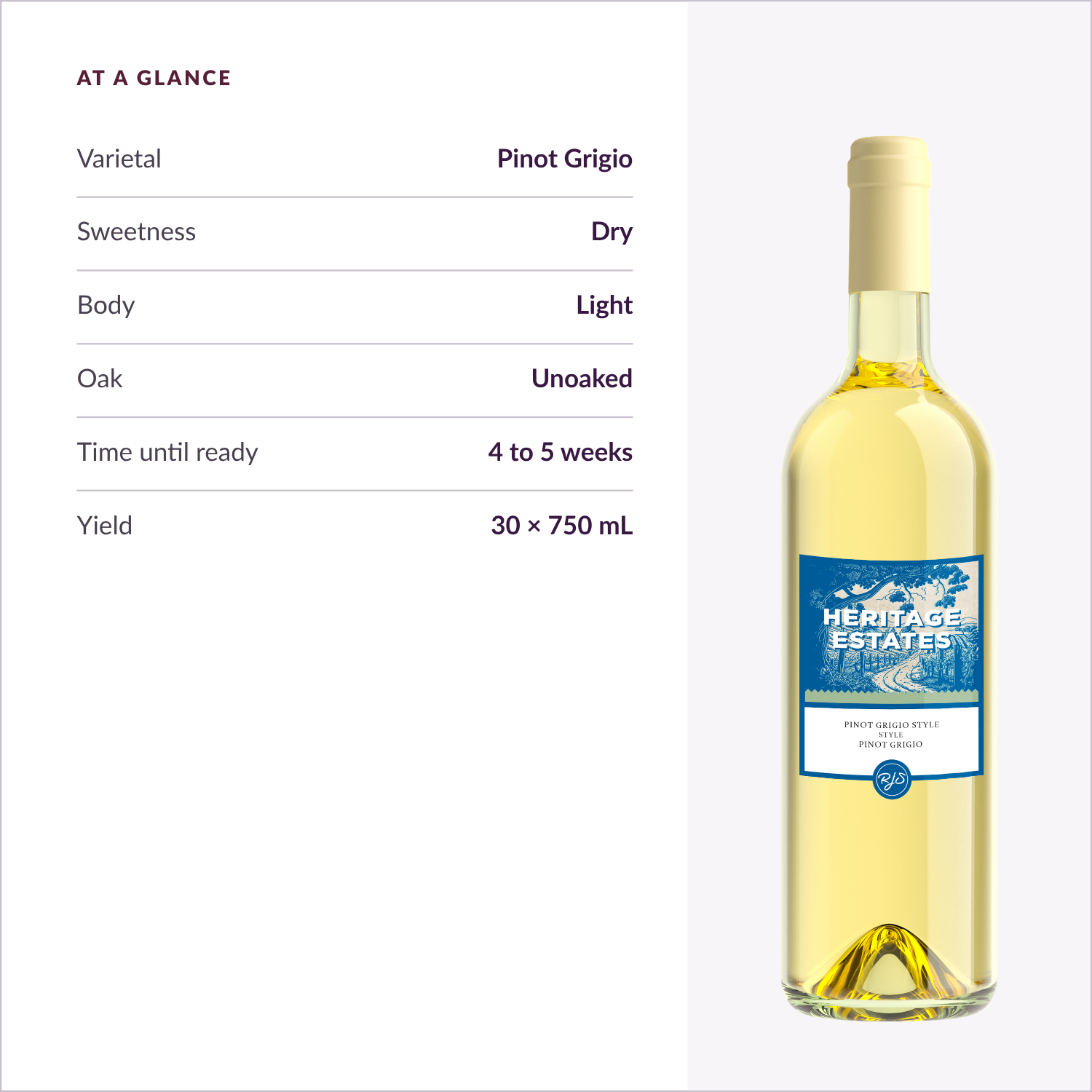 Heritage Estates Pinot Grigio at a glance: dry, light body, unoaked, ready in 4 to 5 weeks