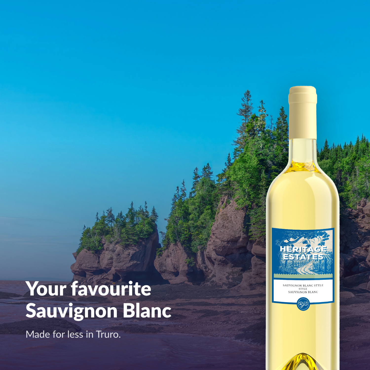 Heritage Estates Sauvignon Blanc bottle on a Bay of Fundy coastal scene