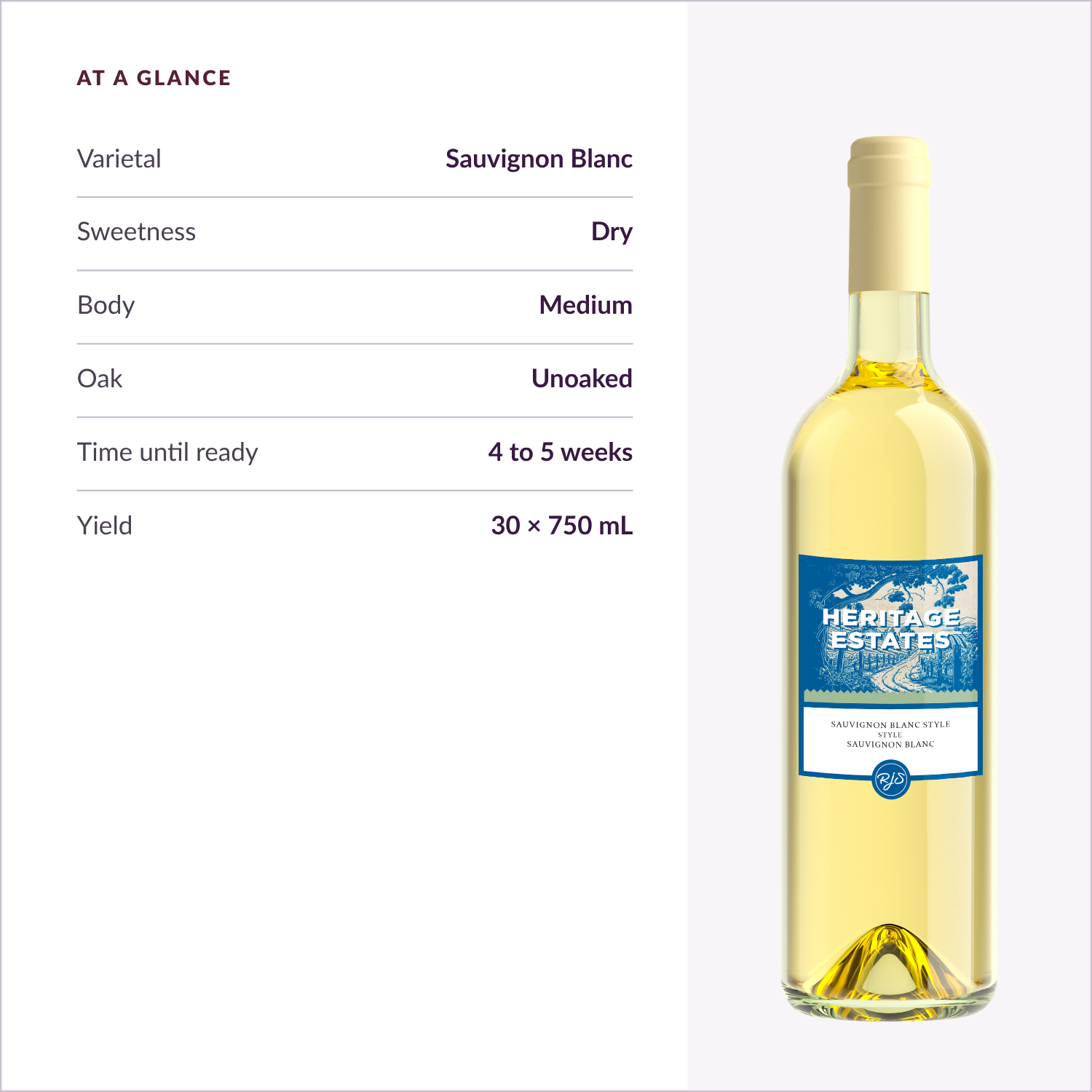 Heritage Estates Sauvignon Blanc at a glance: dry, medium body, unoaked, ready in 4 to 5 weeks