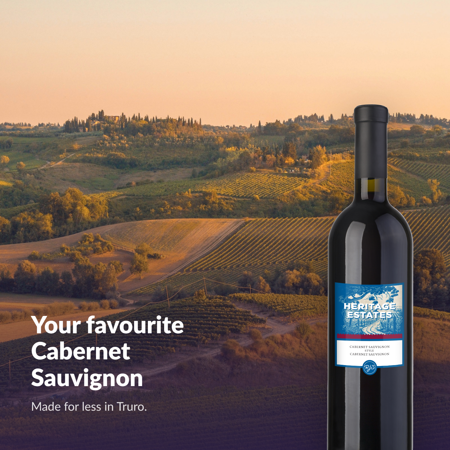 Heritage Estates Cabernet Sauvignon bottle on golden autumn hills