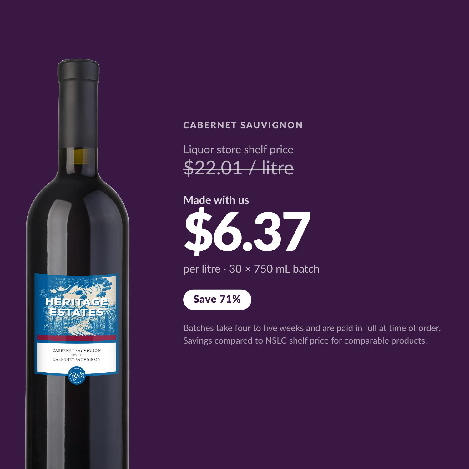 Heritage Estates Cabernet Sauvignon $6.37 per litre, save 71% versus liquor store shelf price