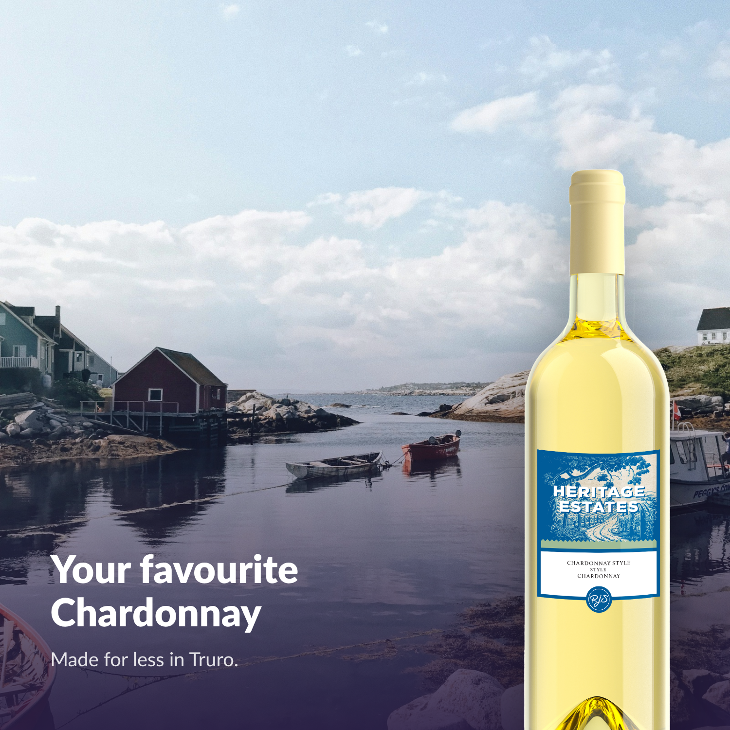 Heritage Estates Chardonnay bottle on a Nova Scotia coastal scene