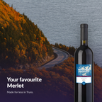 Heritage Estates Merlot bottle on a Cabot Trail autumn coastline