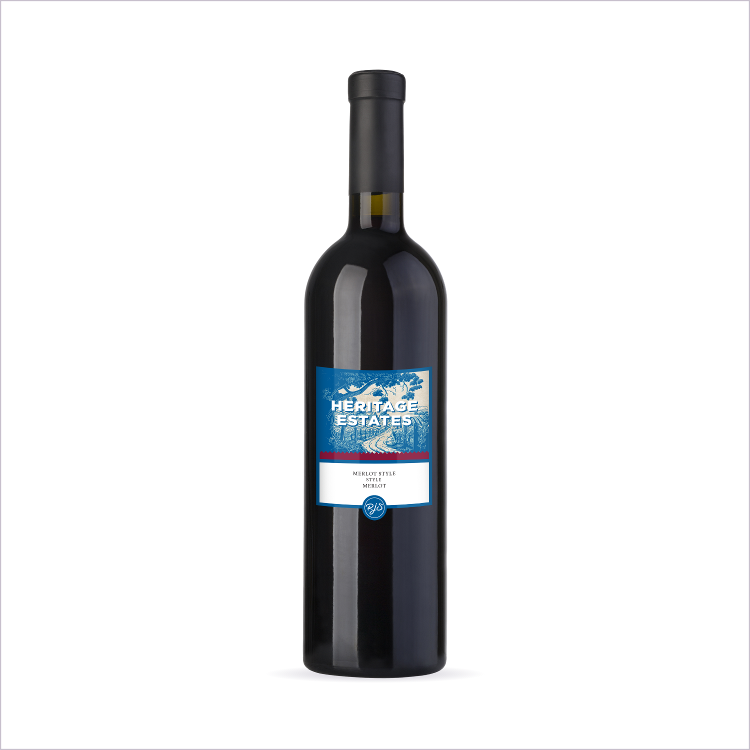 Heritage Estates Merlot bottle on a white background