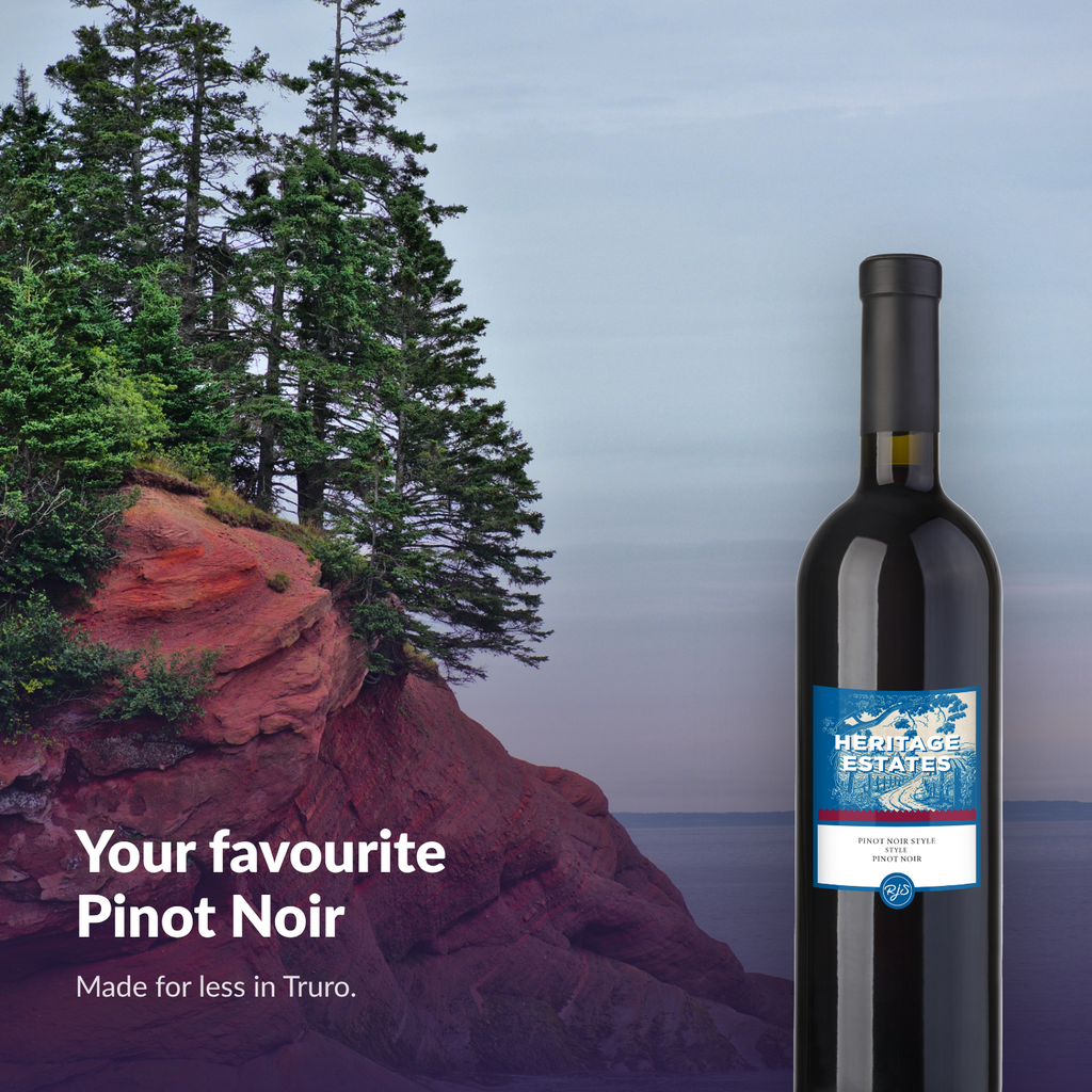 Heritage Estates Pinot Noir bottle on the red cliffs of the Atlantic coast