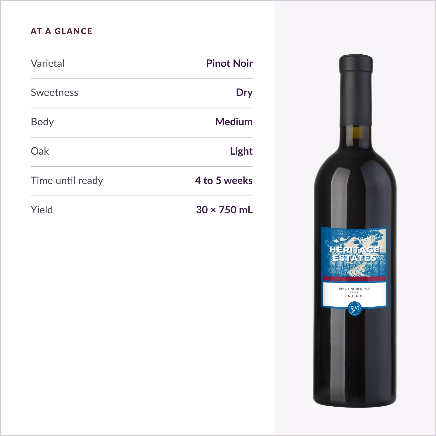 Heritage Estates Pinot Noir at a glance: dry, medium body, light oak, ready in 4 to 5 weeks
