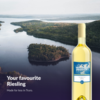 Heritage Estates Riesling bottle on a Nova Scotia coastal scene