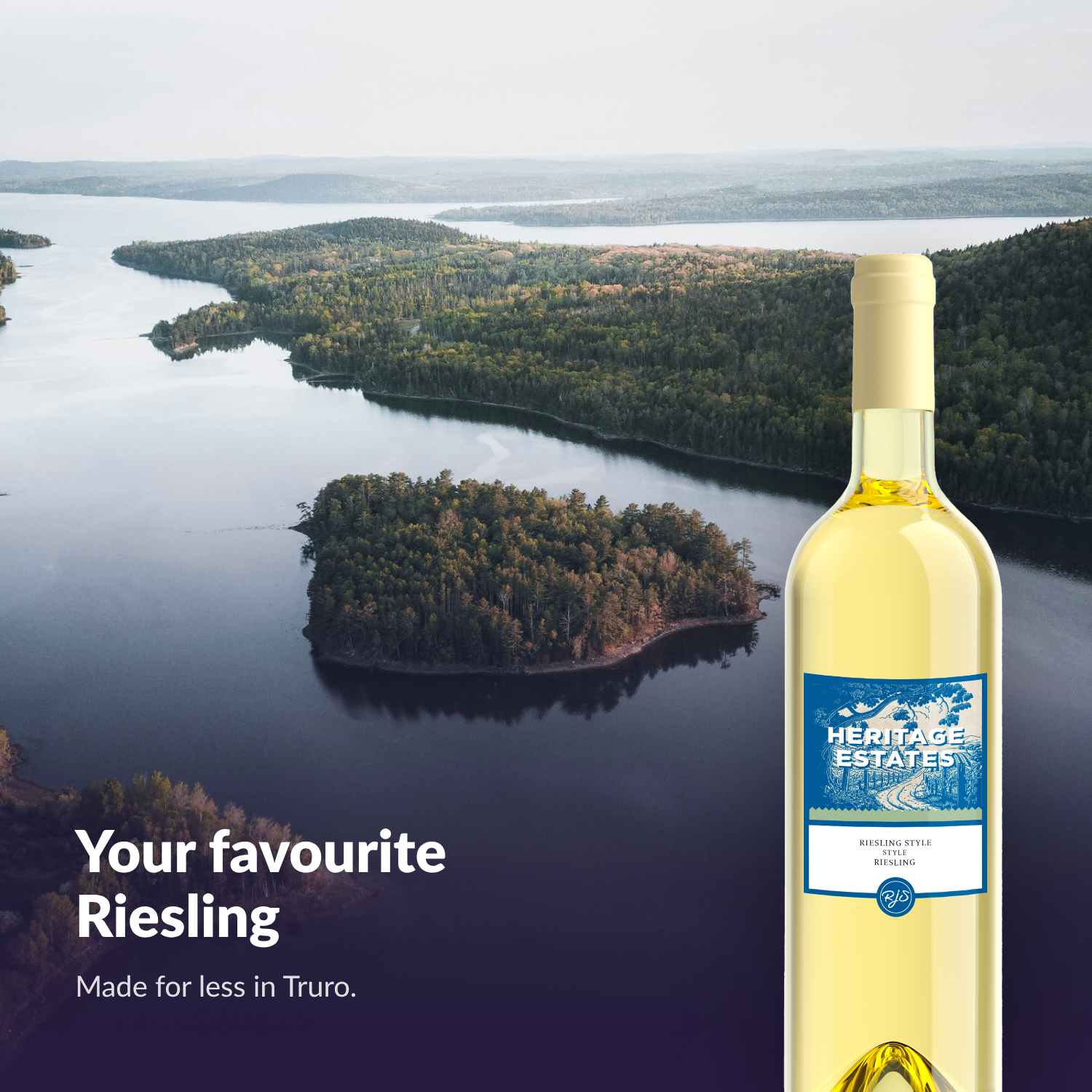 Heritage Estates Riesling bottle on a Nova Scotia coastal scene