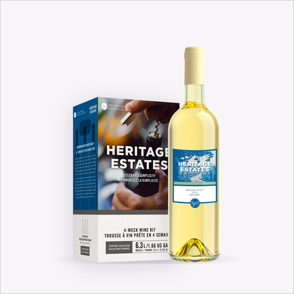 Heritage Estates Riesling wine kit box with a finished bottle