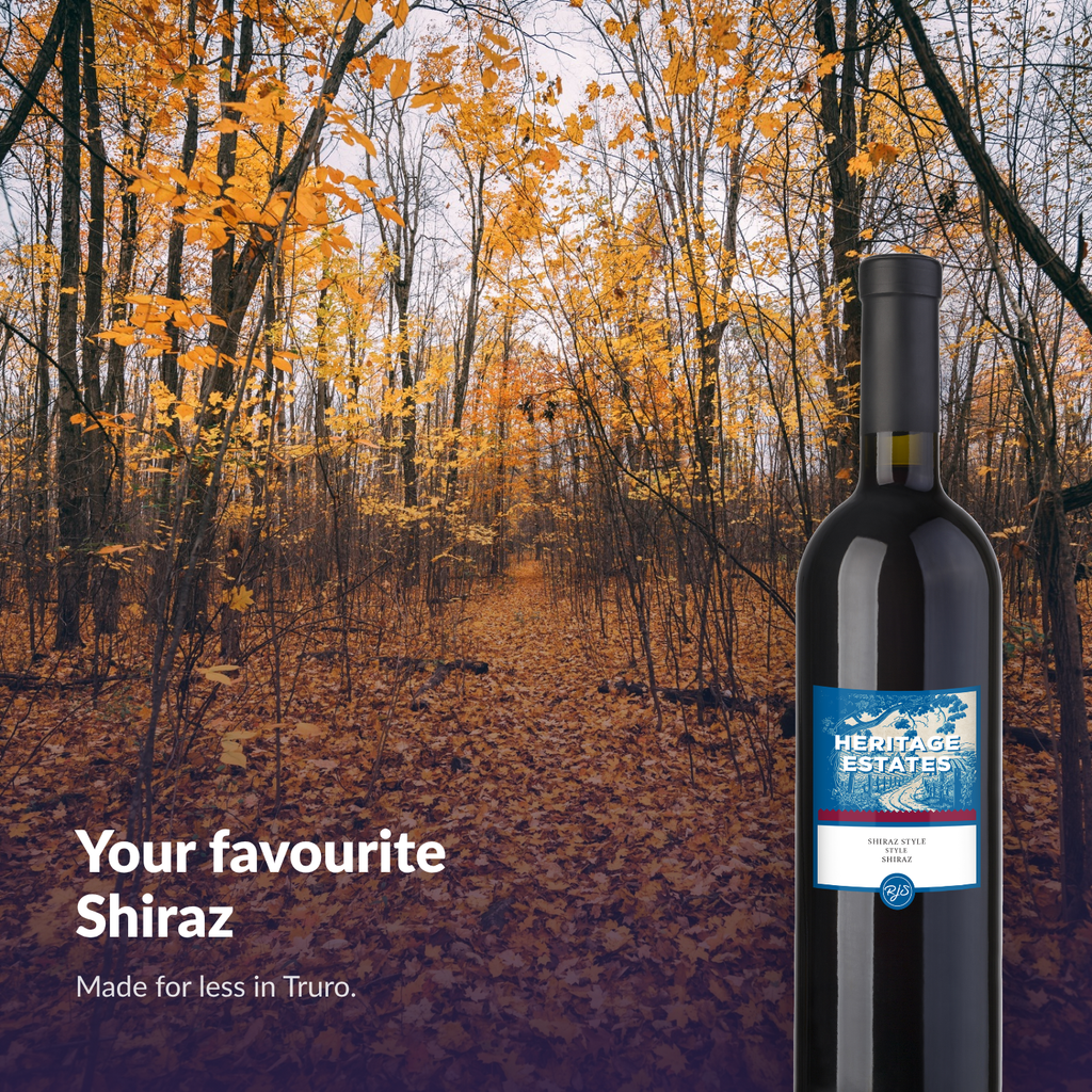 Heritage Estates Shiraz bottle among golden autumn leaves