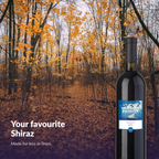 Heritage Estates Shiraz bottle among golden autumn leaves