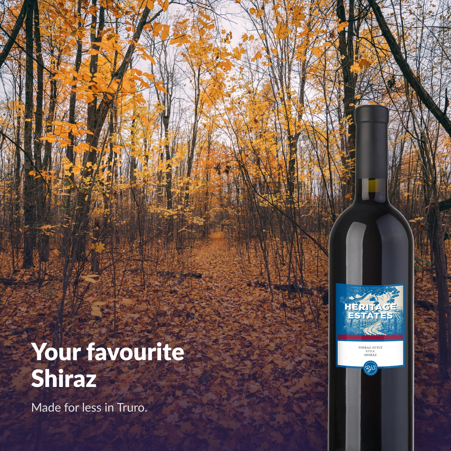 Heritage Estates Shiraz bottle among golden autumn leaves