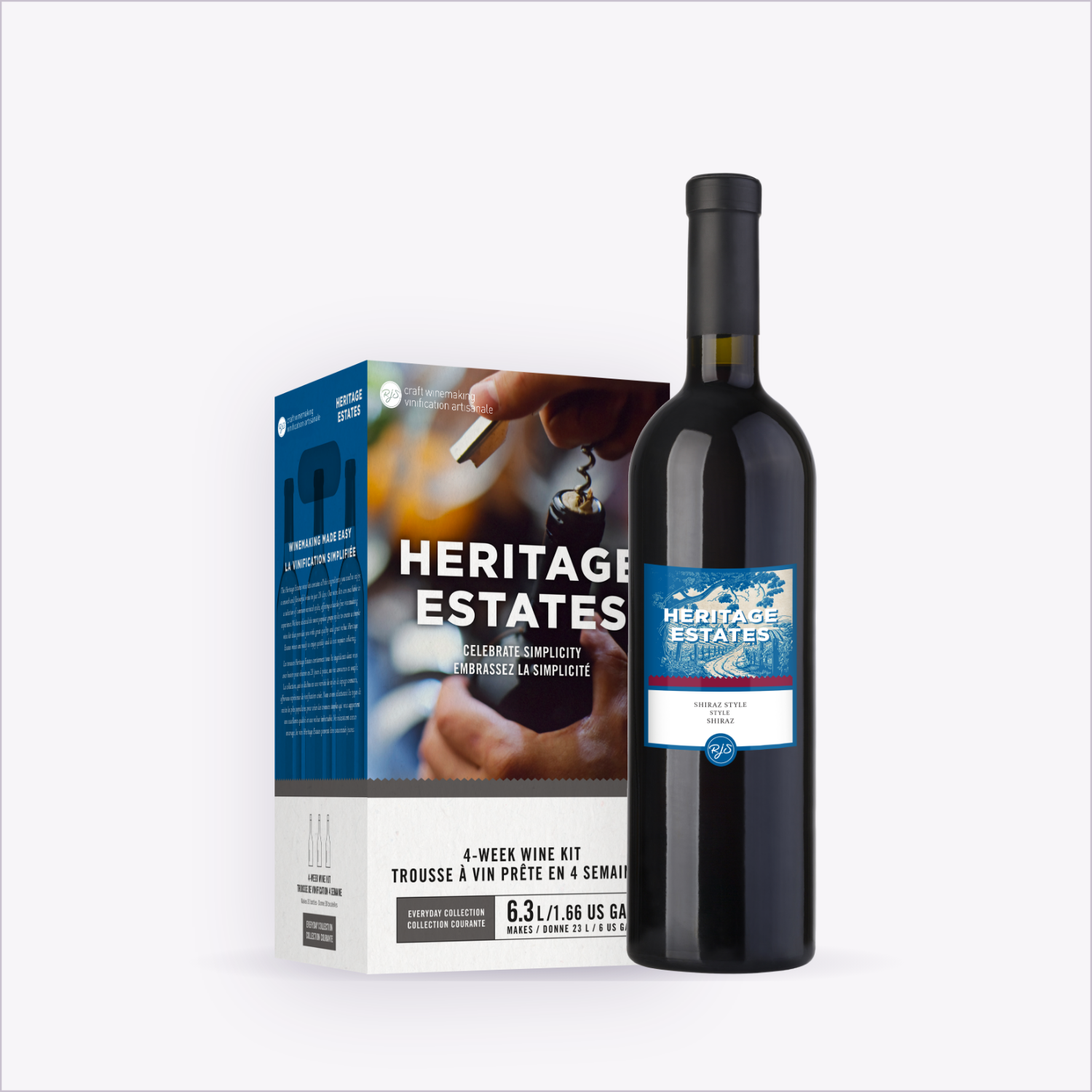 Heritage Estates Shiraz wine kit box with a finished bottle