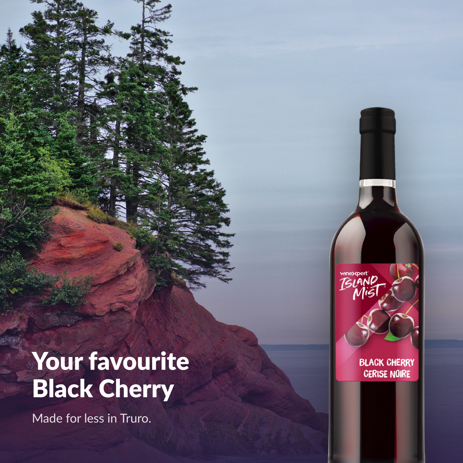 Island Mist Black Cherry bottle on the red-rock coast
