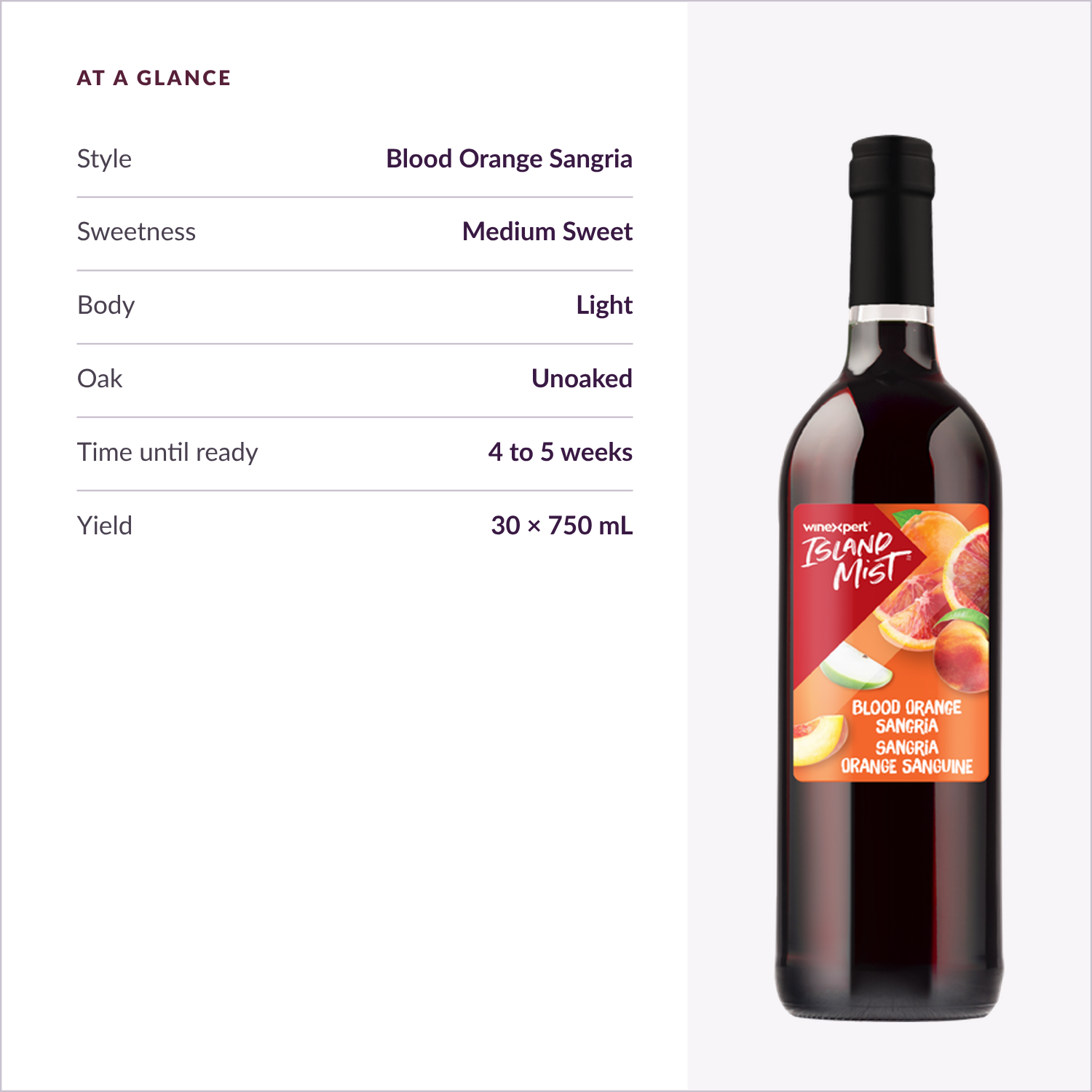 Island Mist Blood Orange Sangria at a glance: style, sweetness, body, time until ready