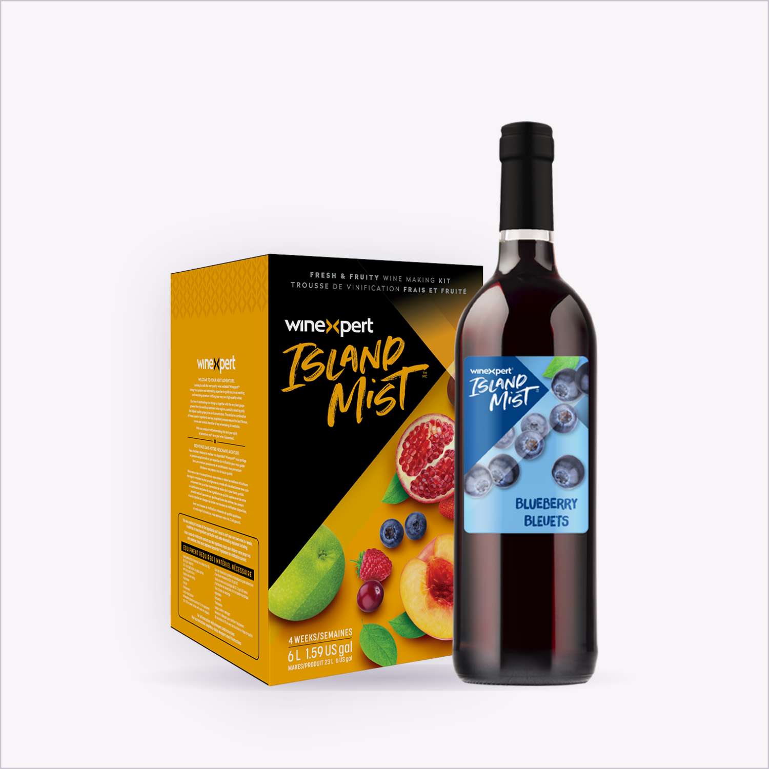 Island Mist Blueberry wine kit and finished bottle