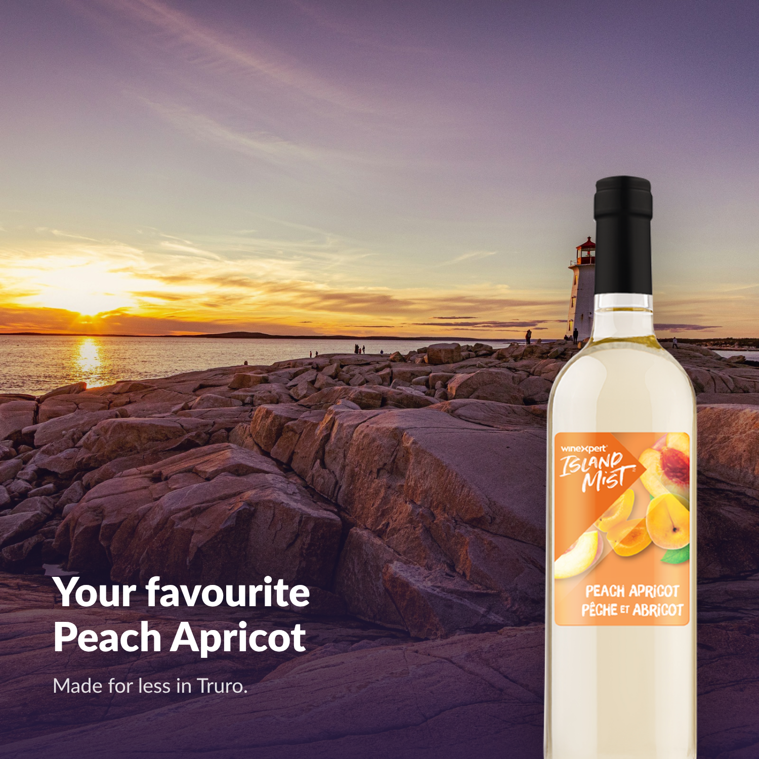 Island Mist Peach Apricot bottle at a coastal sunset