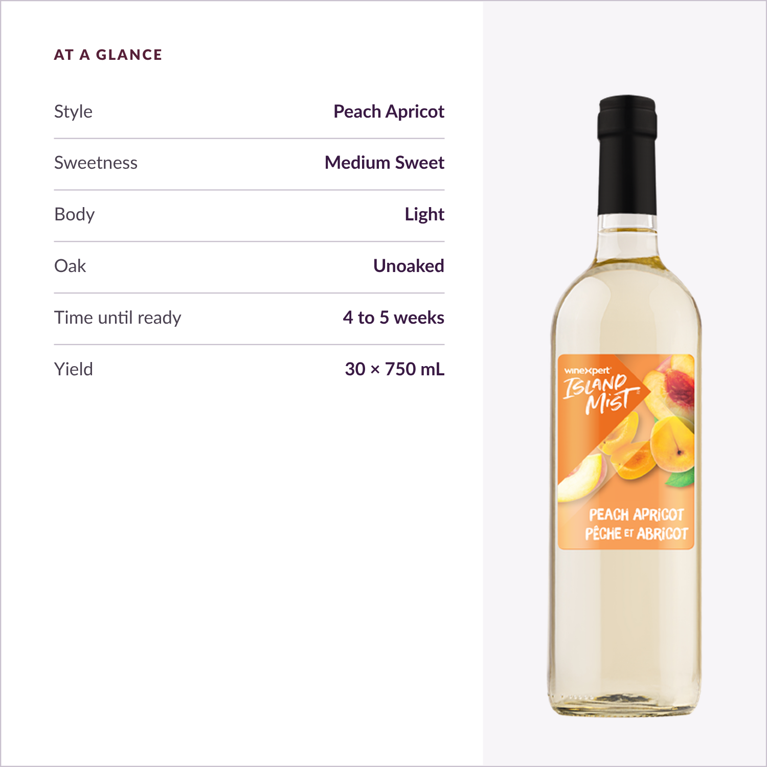 Island Mist Peach Apricot at a glance: style, sweetness, body, time until ready