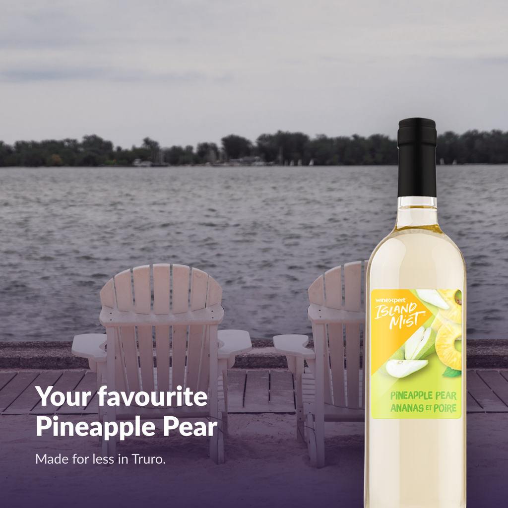 Island Mist Pineapple Pear bottle by the lake