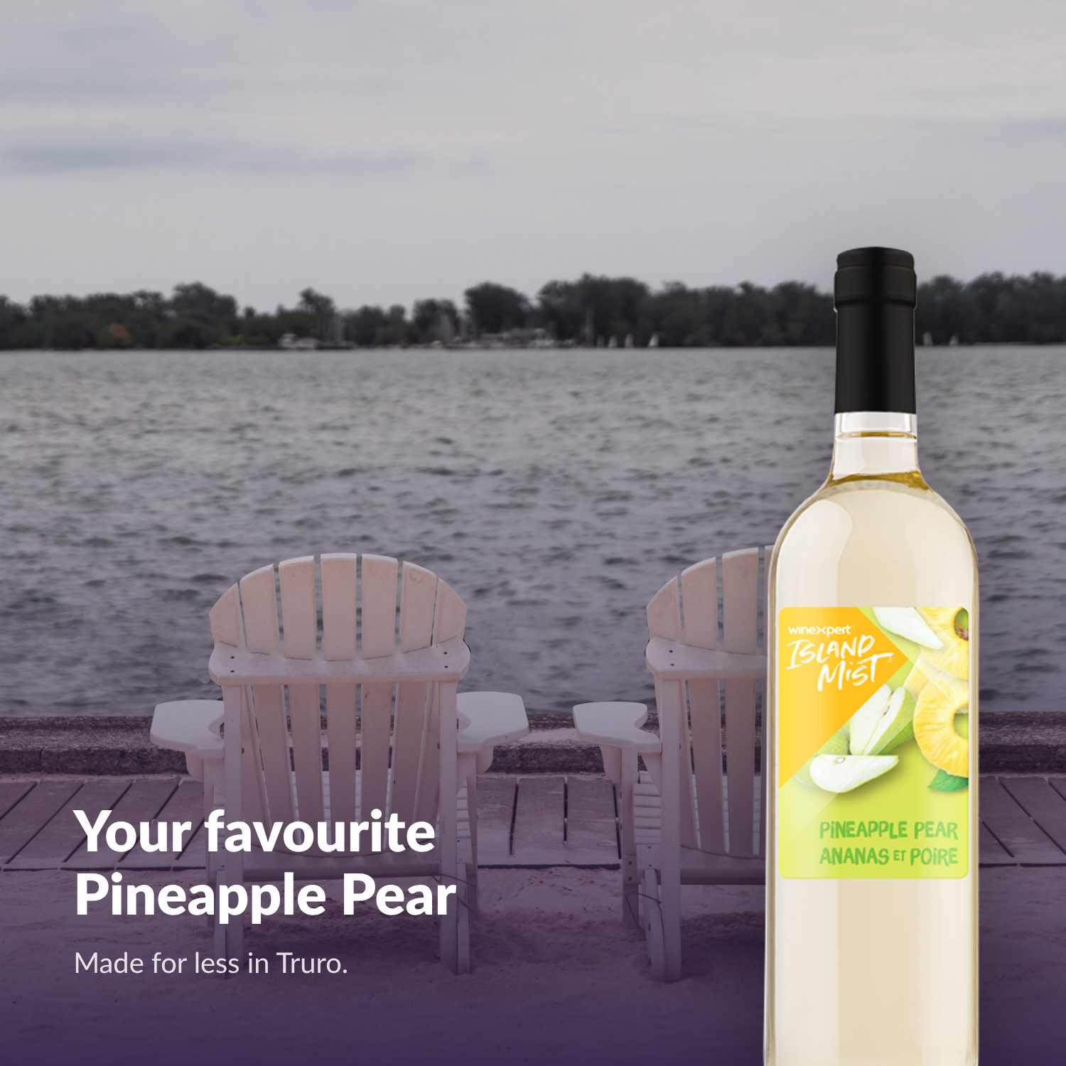 Island Mist Pineapple Pear bottle by the lake