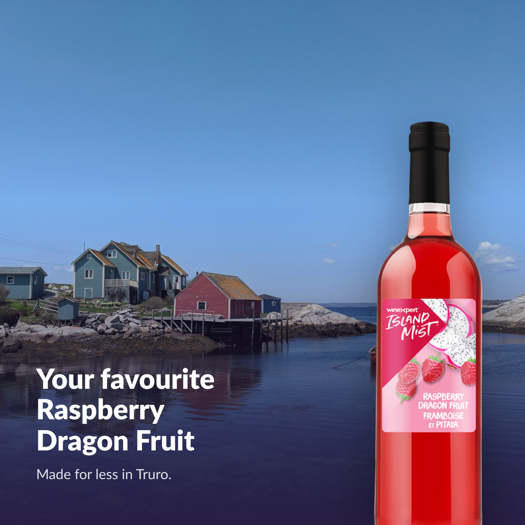 Island Mist Raspberry Dragon Fruit bottle in the hills