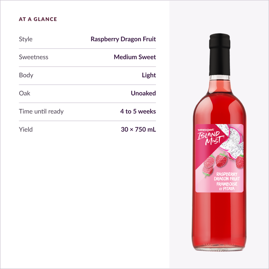 Island Mist Raspberry Dragon Fruit at a glance: style, sweetness, body, time until ready