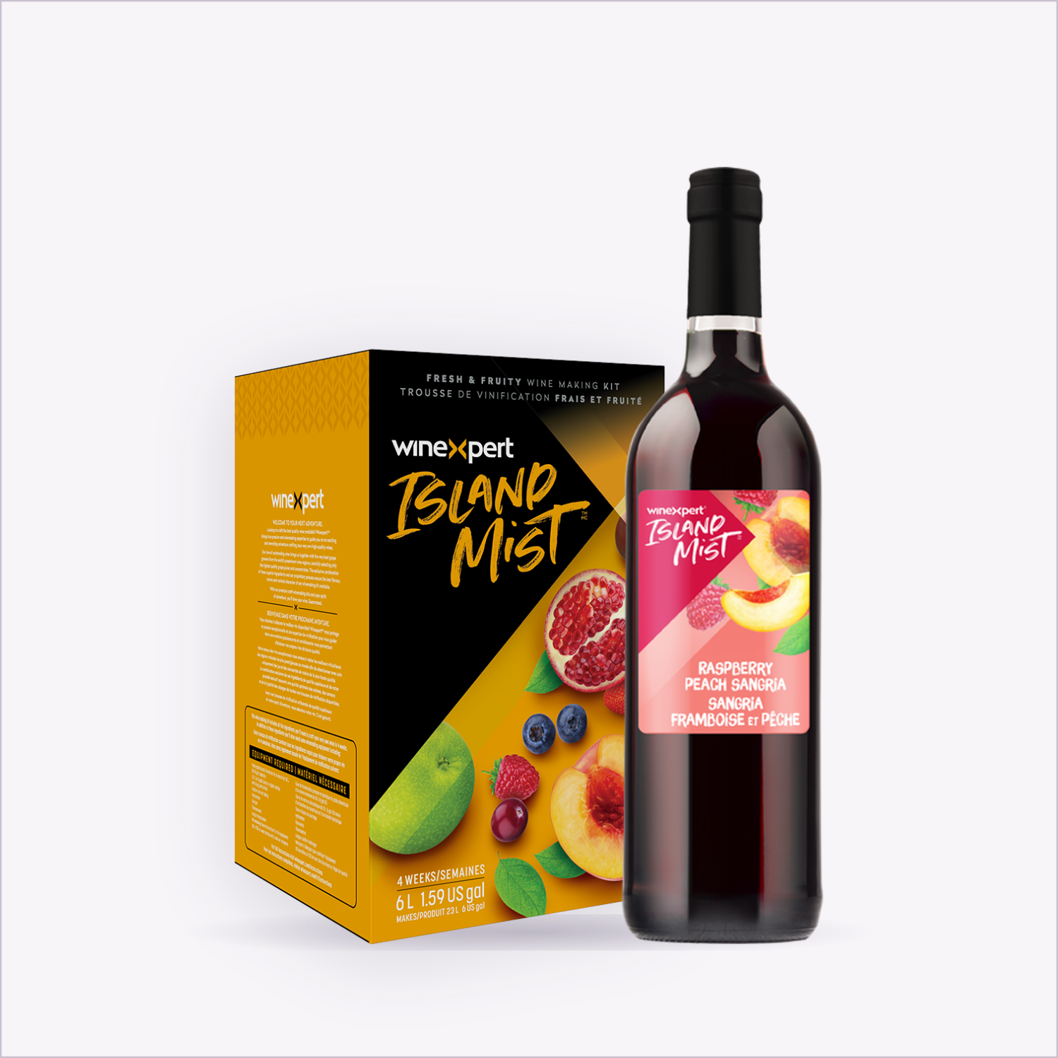 Island Mist Raspberry Peach Sangria wine kit and finished bottle