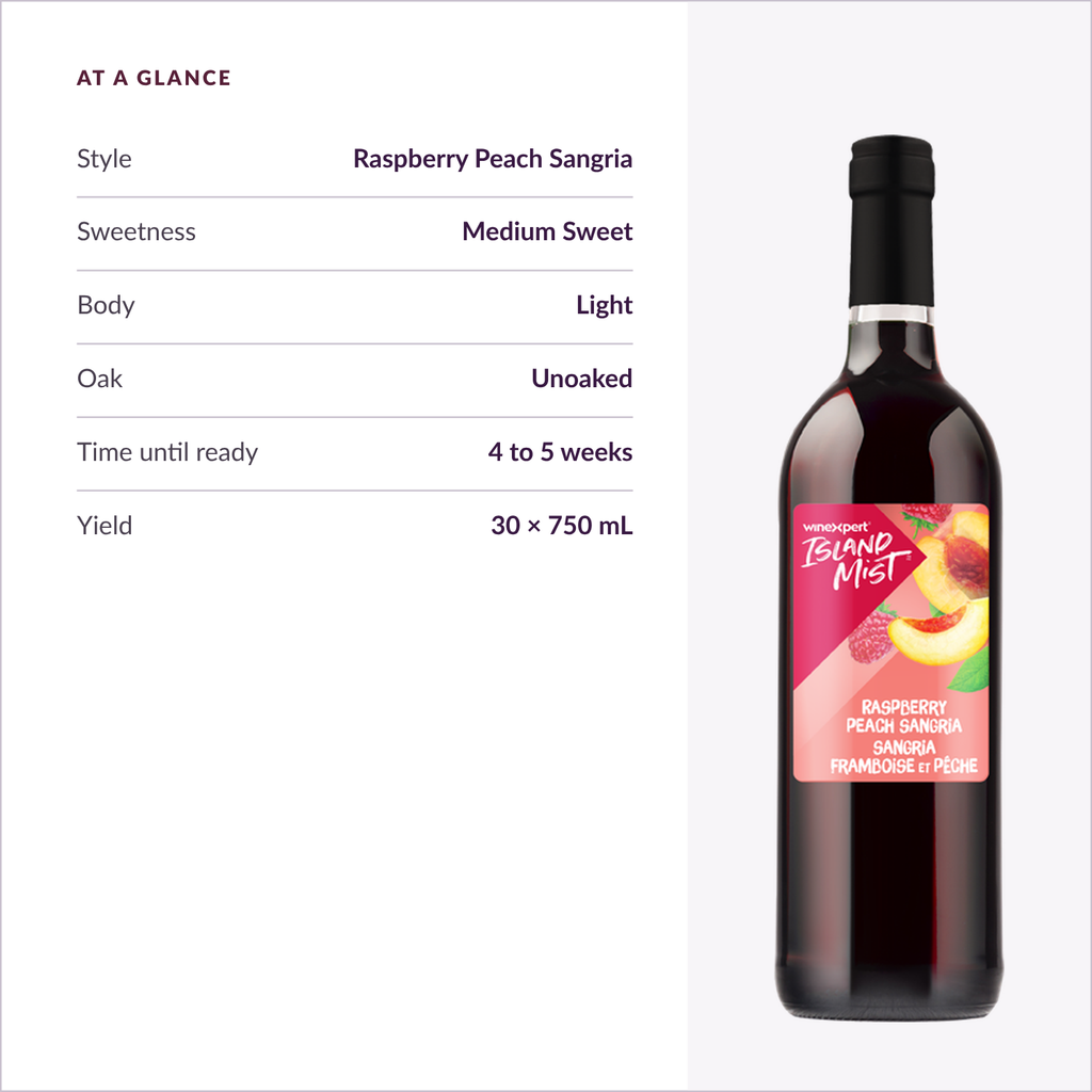 Island Mist Raspberry Peach Sangria at a glance: style, sweetness, body, time until ready