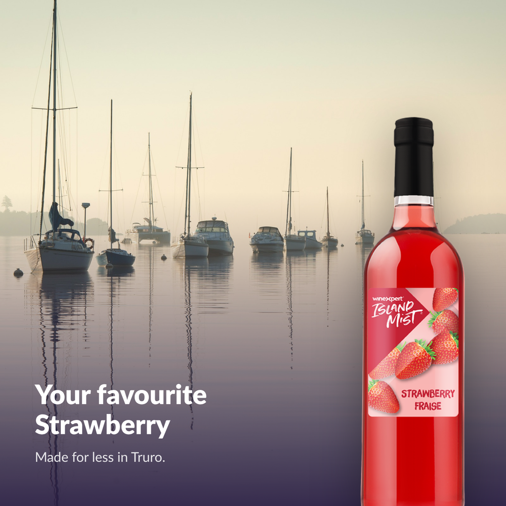 Island Mist Strawberry bottle by a misty harbour