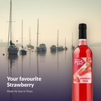 Island Mist Strawberry bottle by a misty harbour