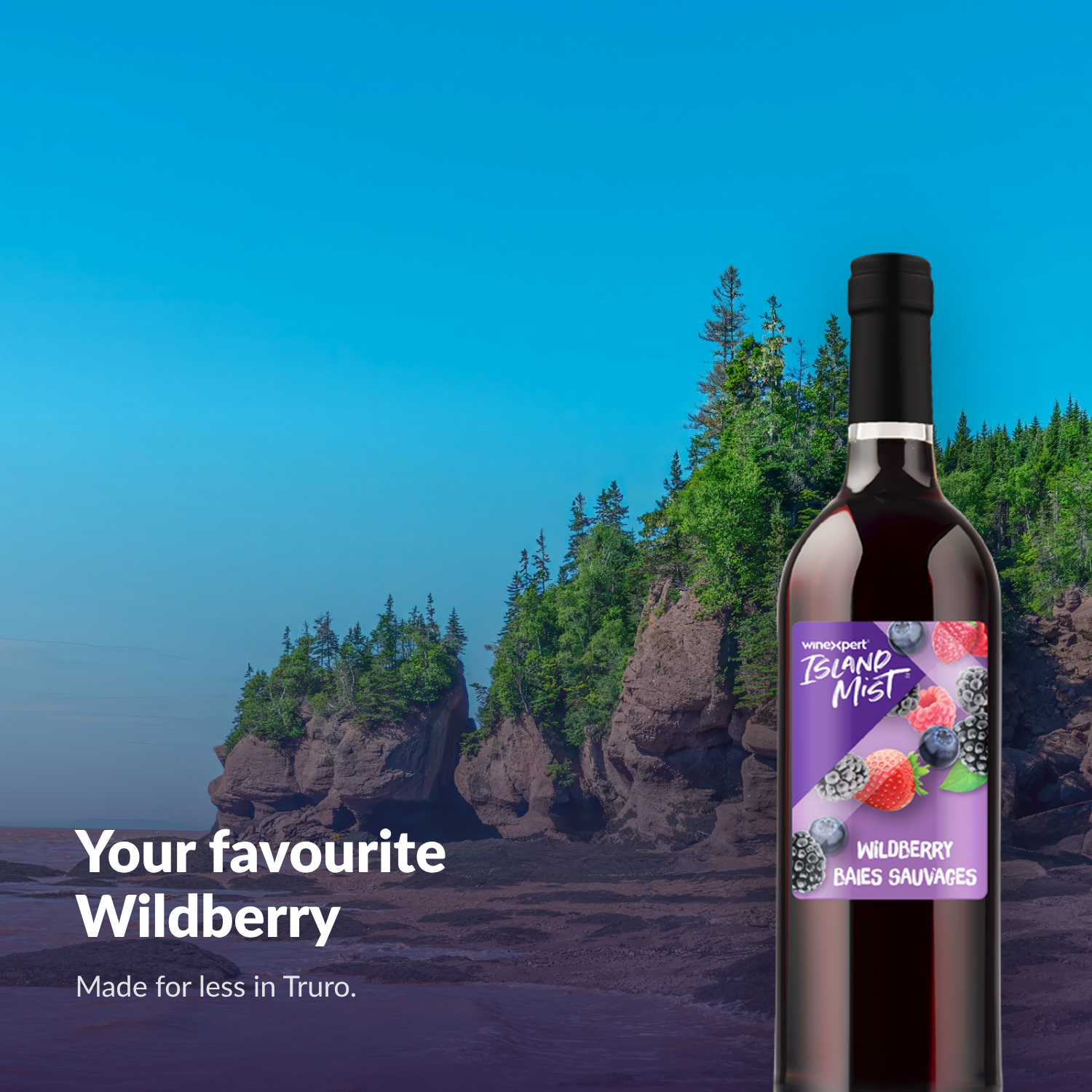 Island Mist Wildberry bottle on the coast