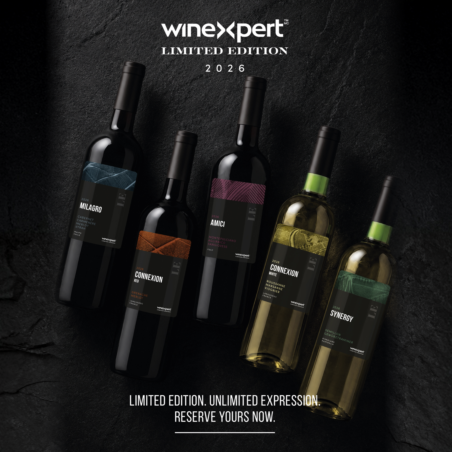 The full Winexpert Limited Edition 2026 collection — all five wines