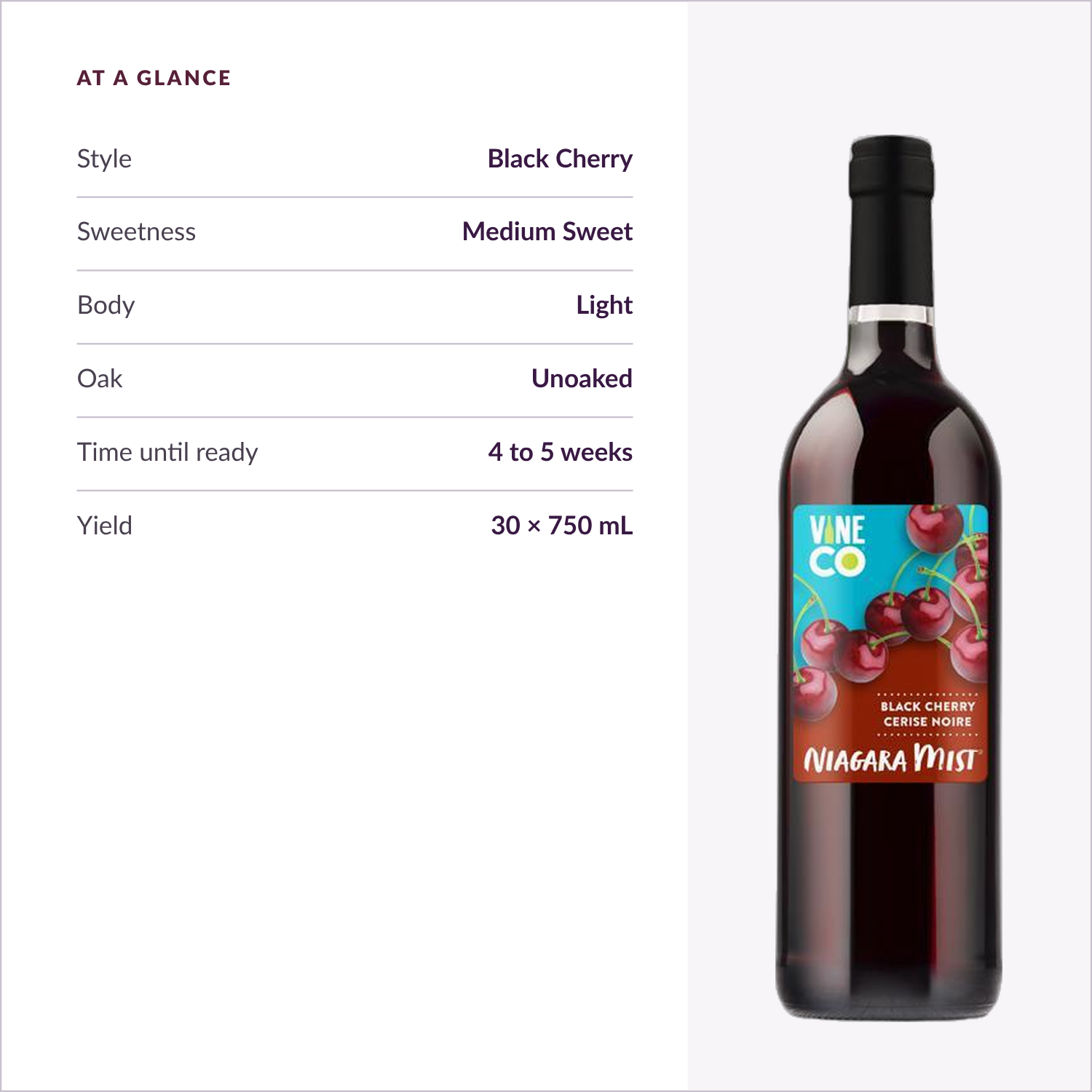 Niagara Mist Black Cherry at a glance — medium sweet, light body, unoaked, ready in 4 to 5 weeks