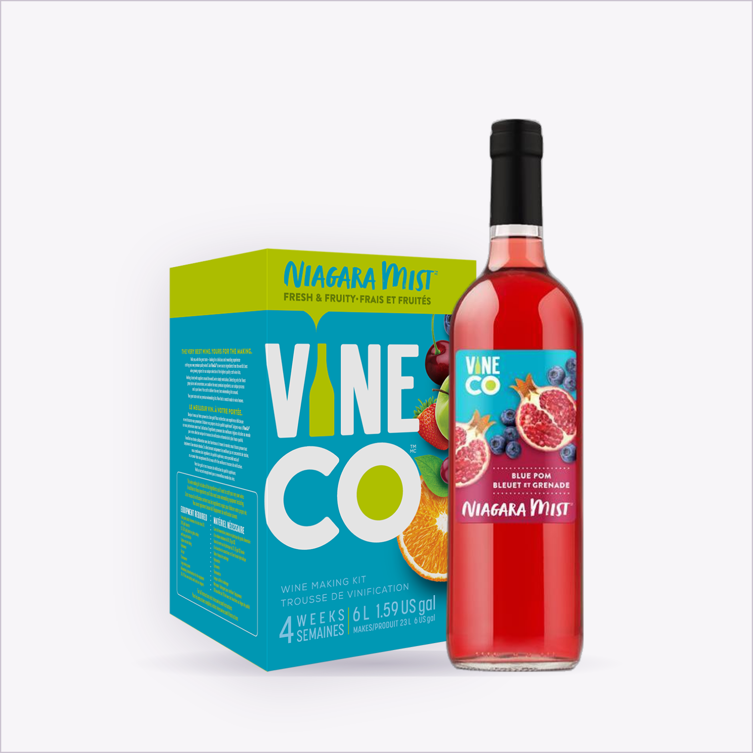 Niagara Mist Blue Pom wine kit box and finished bottle