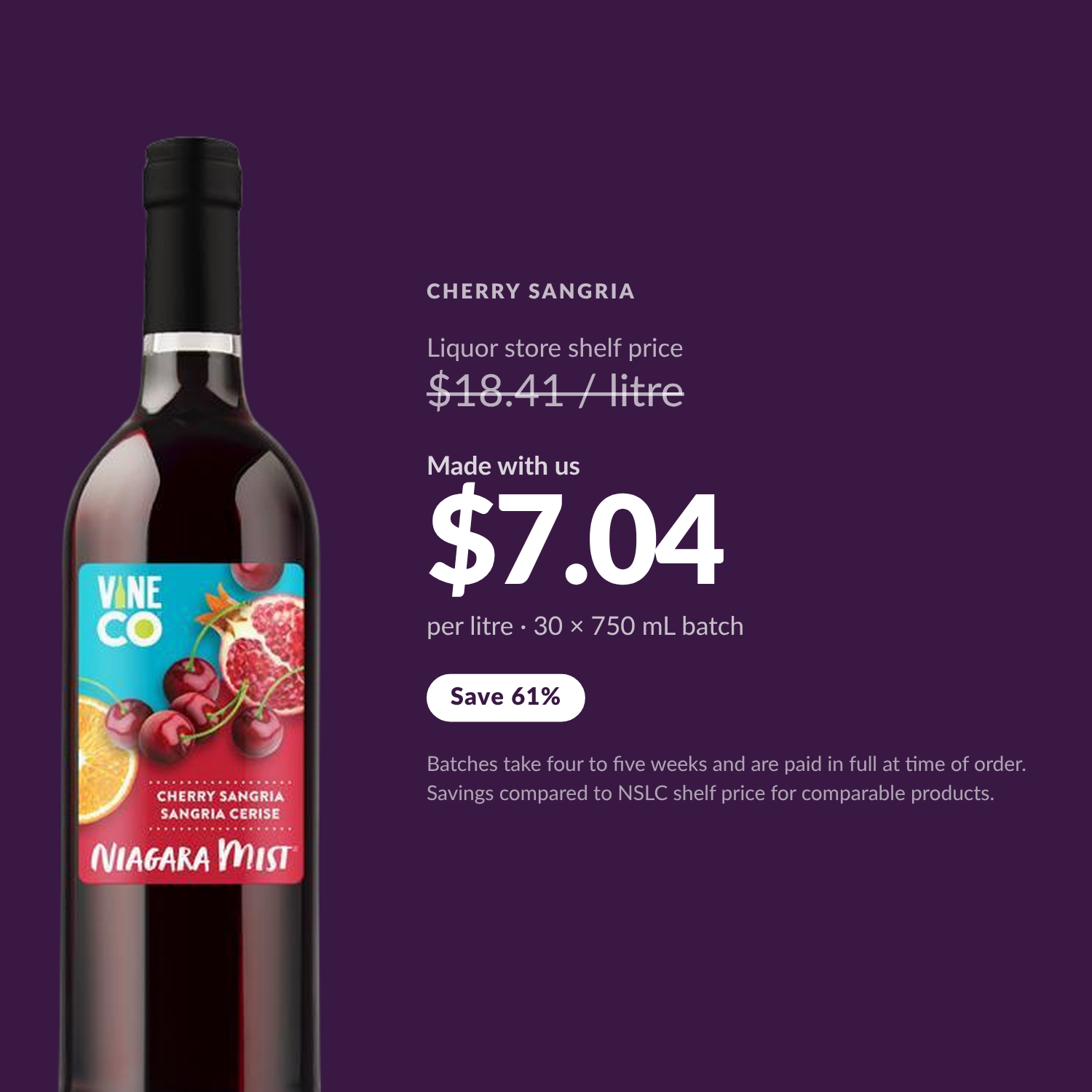 Niagara Mist Cherry Sangria — $7.04 per litre made with us, save 61% vs liquor store shelf price