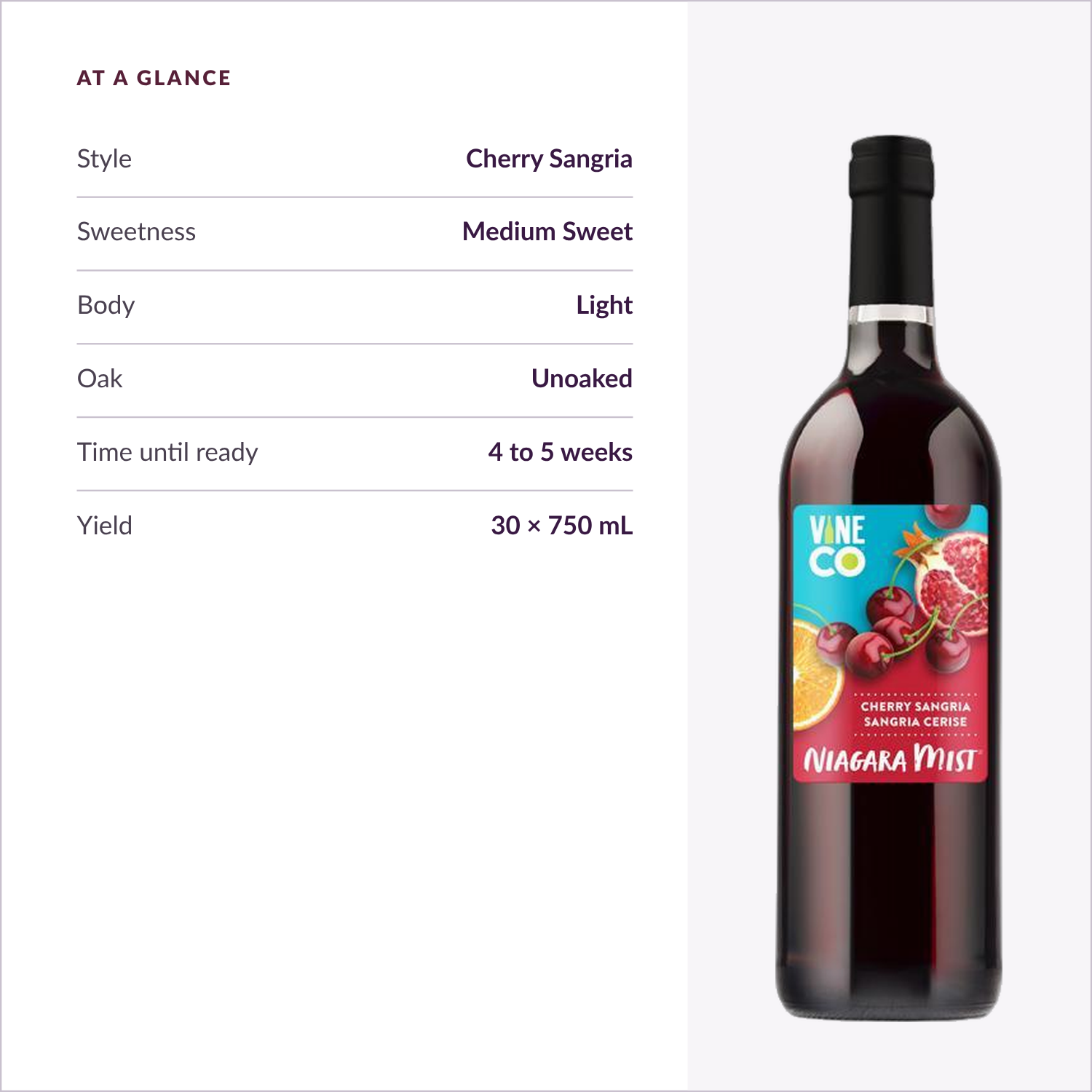 Niagara Mist Cherry Sangria at a glance — medium sweet, light body, unoaked, ready in 4 to 5 weeks