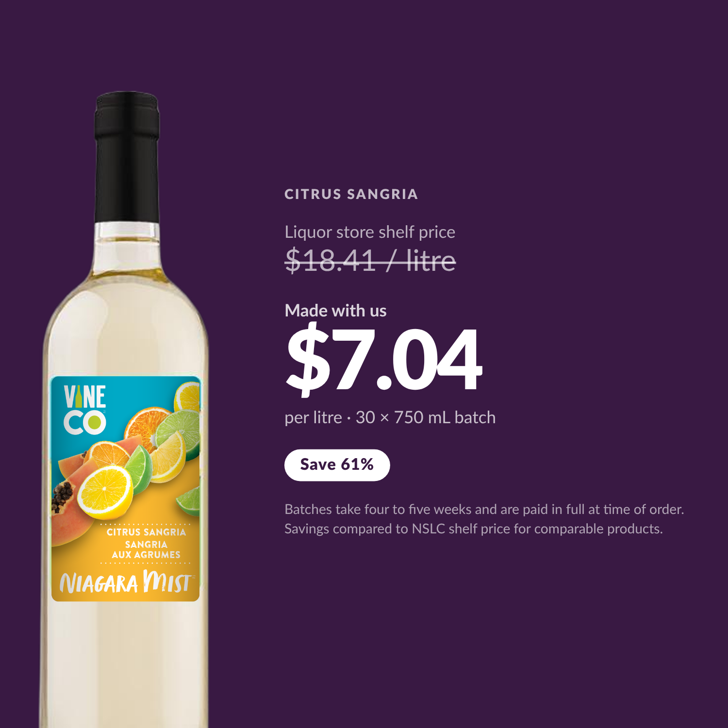 Niagara Mist Citrus Sangria — $7.04 per litre made with us, save 61% vs liquor store shelf price