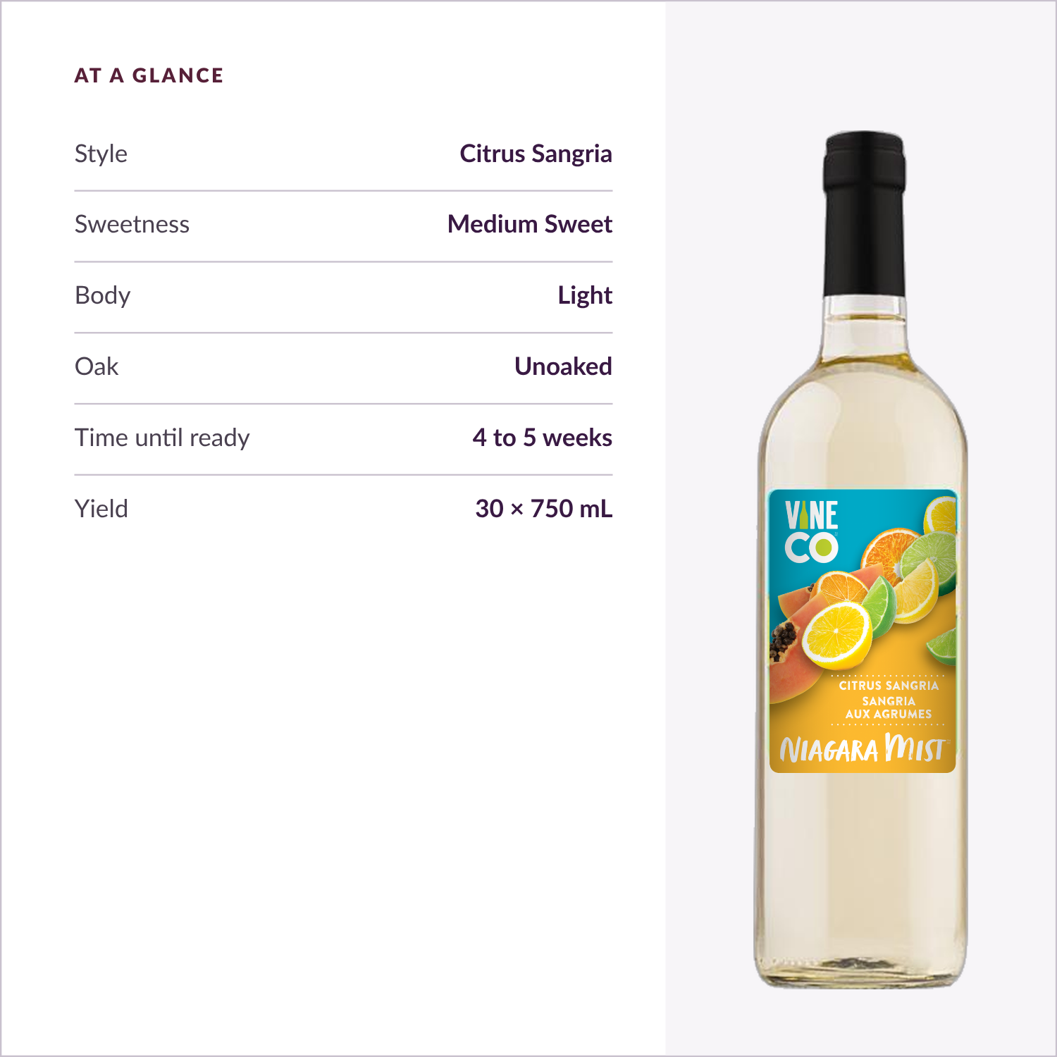 Niagara Mist Citrus Sangria at a glance — medium sweet, light body, unoaked, ready in 4 to 5 weeks