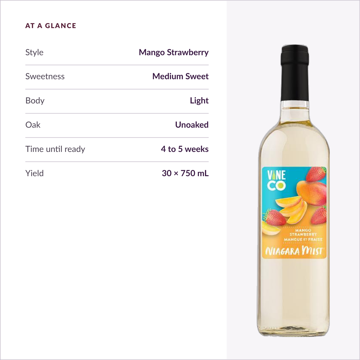 Niagara Mist Mango Strawberry at a glance — medium sweet, light body, unoaked, ready in 4 to 5 weeks