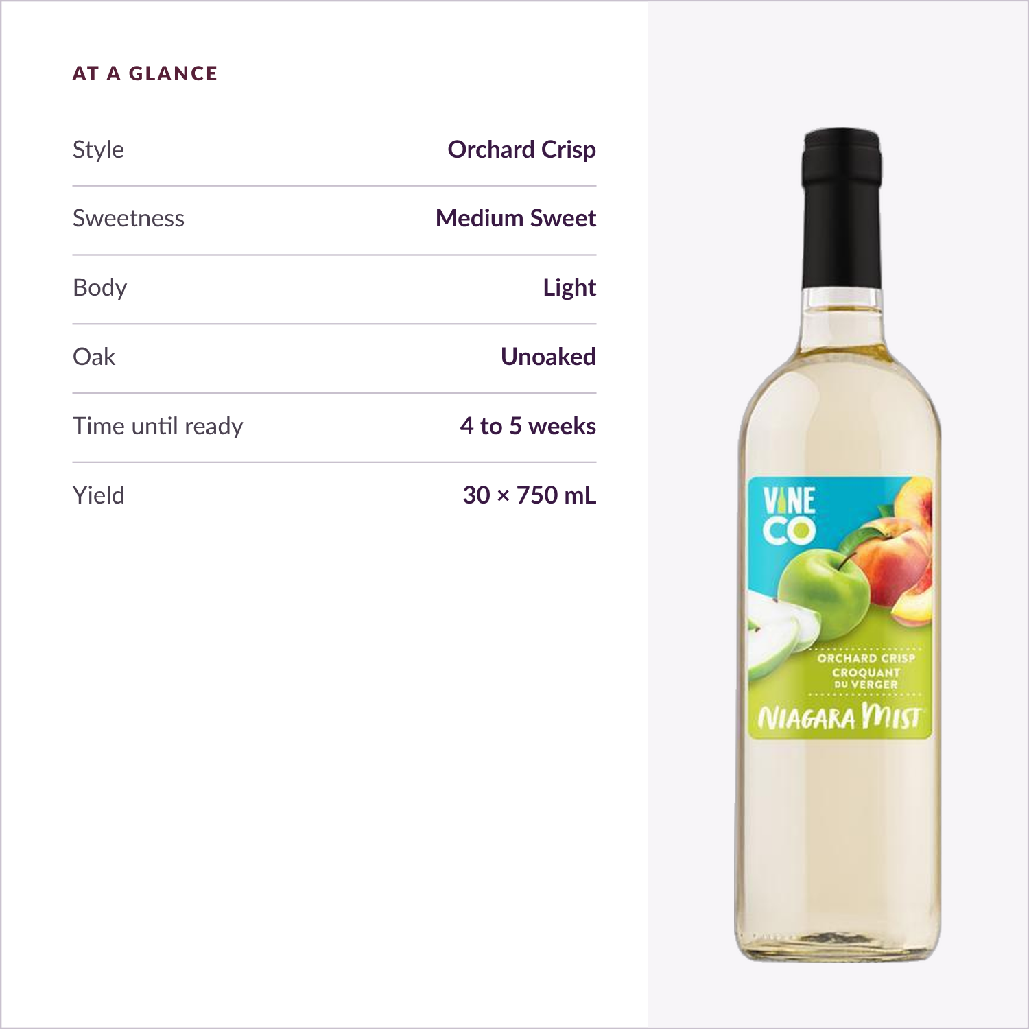 Niagara Mist Orchard Crisp at a glance — medium sweet, light body, unoaked, ready in 4 to 5 weeks