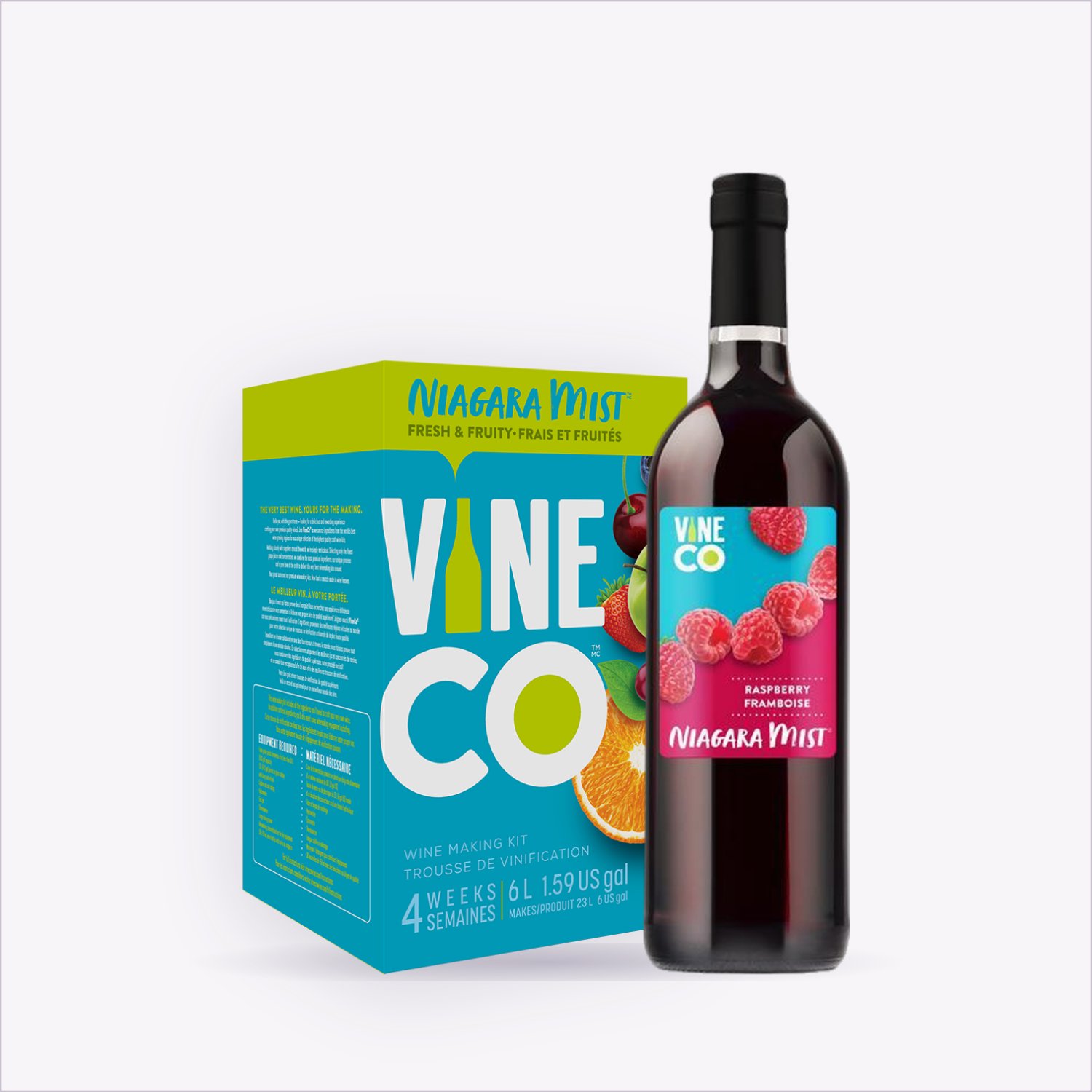 Niagara Mist Raspberry wine kit box and finished bottle