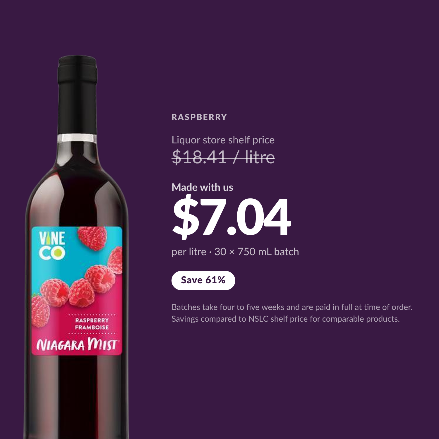 Niagara Mist Raspberry — $7.04 per litre made with us, save 61% vs liquor store shelf price