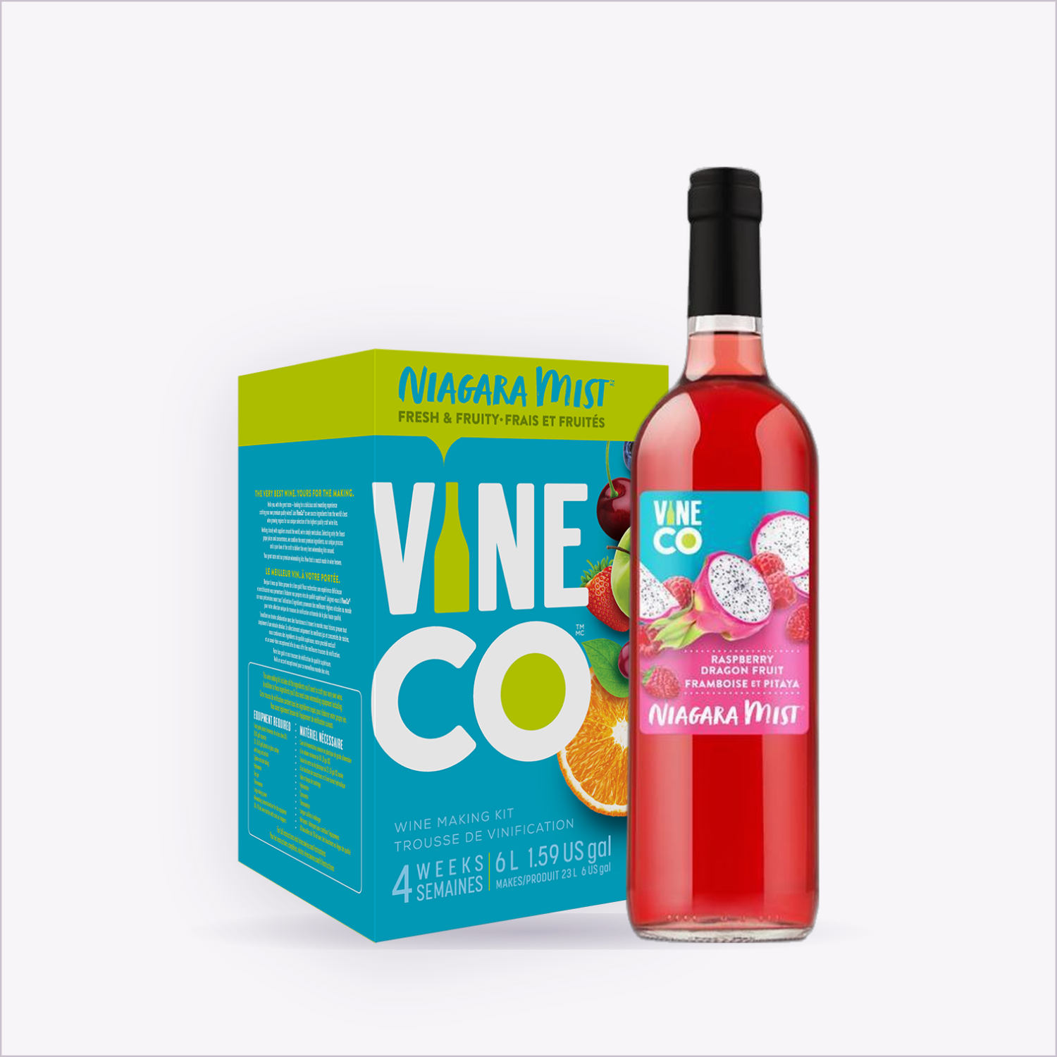 Niagara Mist Raspberry Dragon Fruit wine kit box and finished bottle
