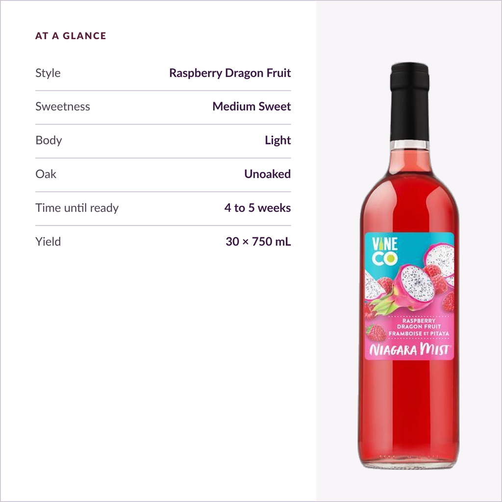 Niagara Mist Raspberry Dragon Fruit at a glance — medium sweet, light body, unoaked, ready in 4 to 5 weeks
