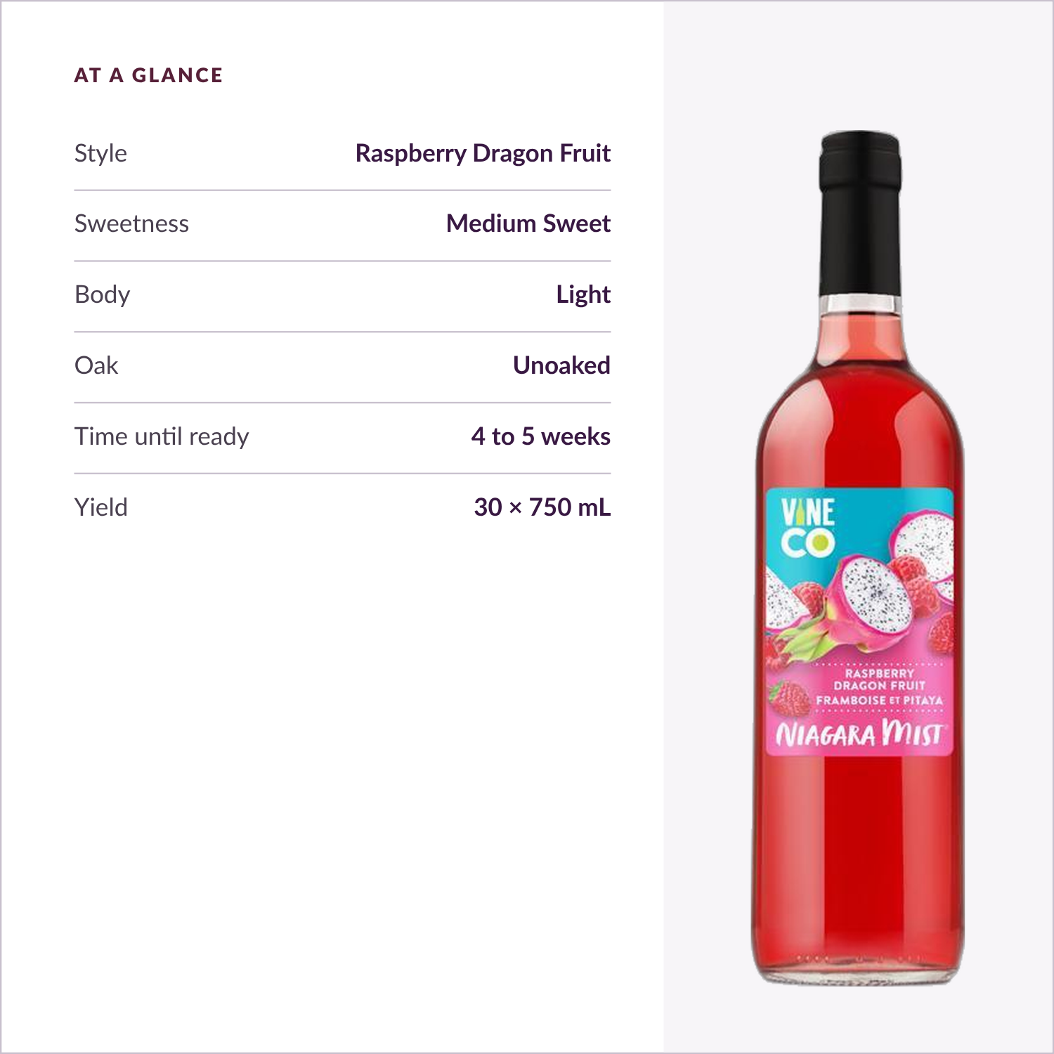 Niagara Mist Raspberry Dragon Fruit at a glance — medium sweet, light body, unoaked, ready in 4 to 5 weeks