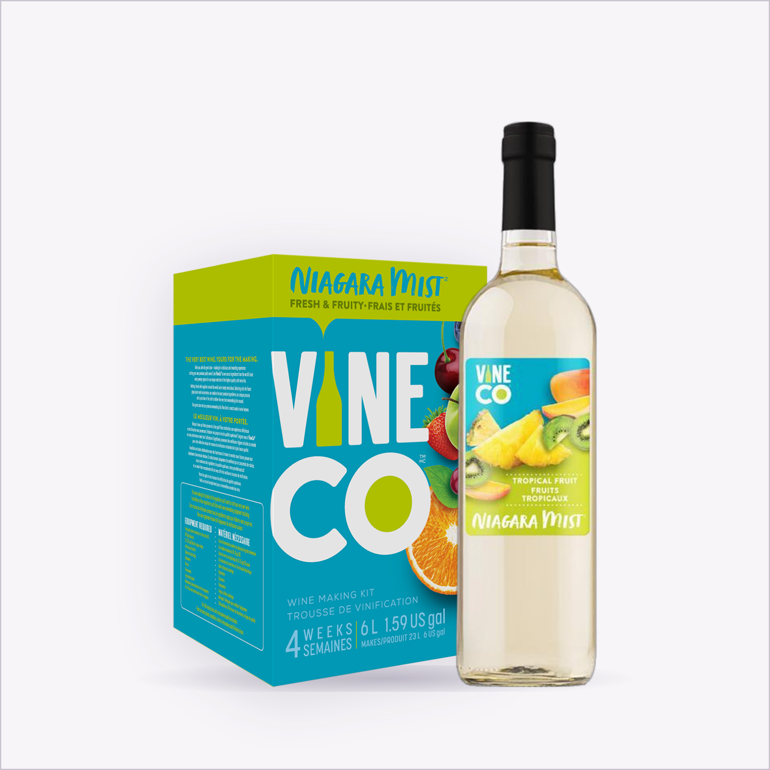 Niagara Mist Tropical Fruit wine kit box and finished bottle