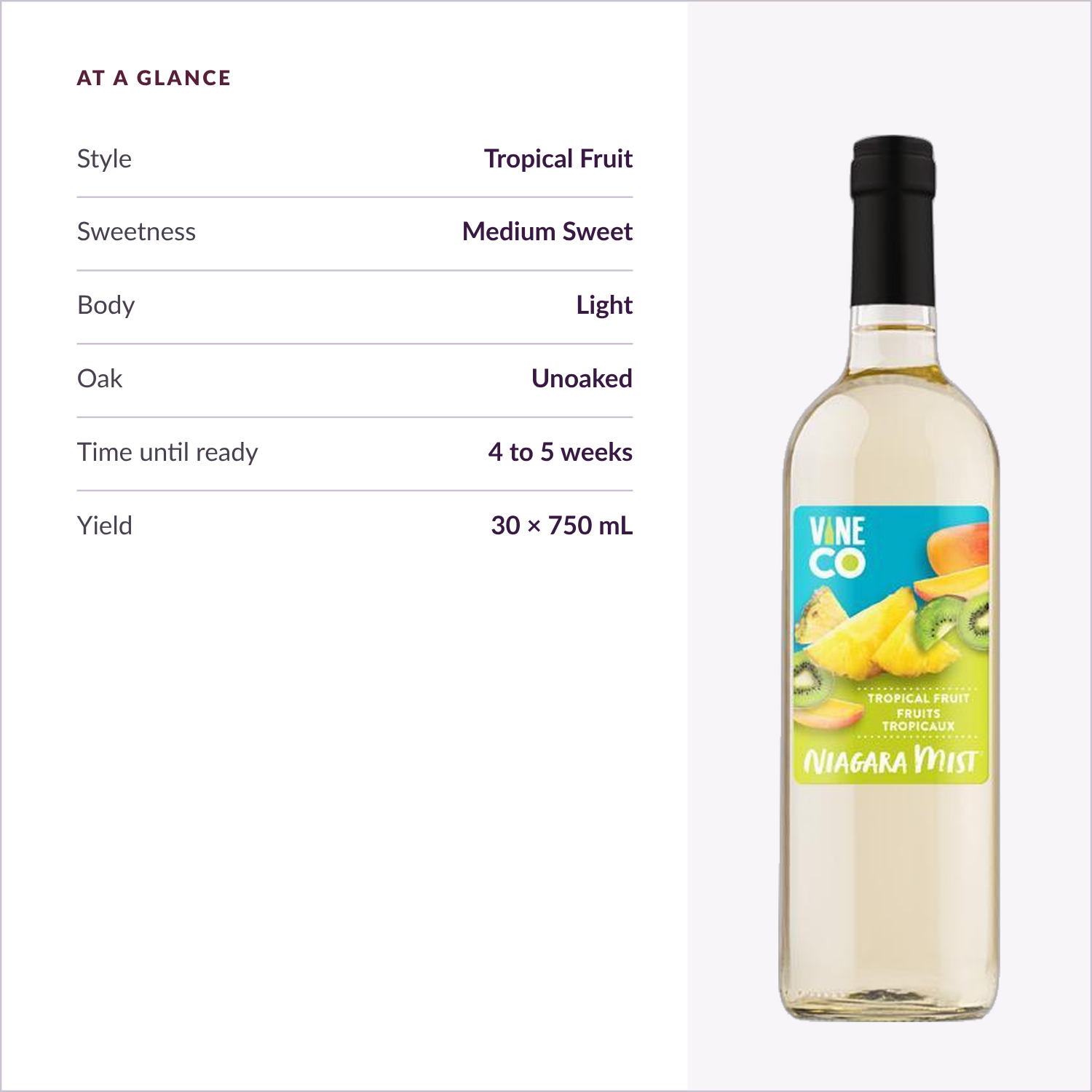 Niagara Mist Tropical Fruit at a glance — medium sweet, light body, unoaked, ready in 4 to 5 weeks