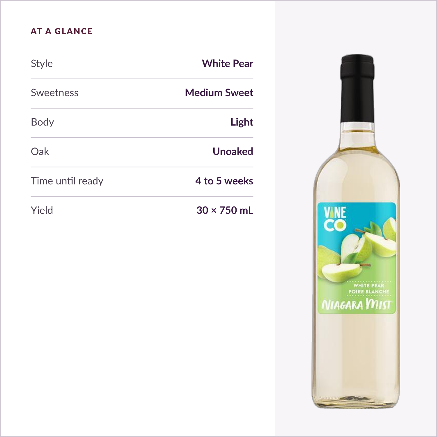 Niagara Mist White Pear at a glance — medium sweet, light body, unoaked, ready in 4 to 5 weeks