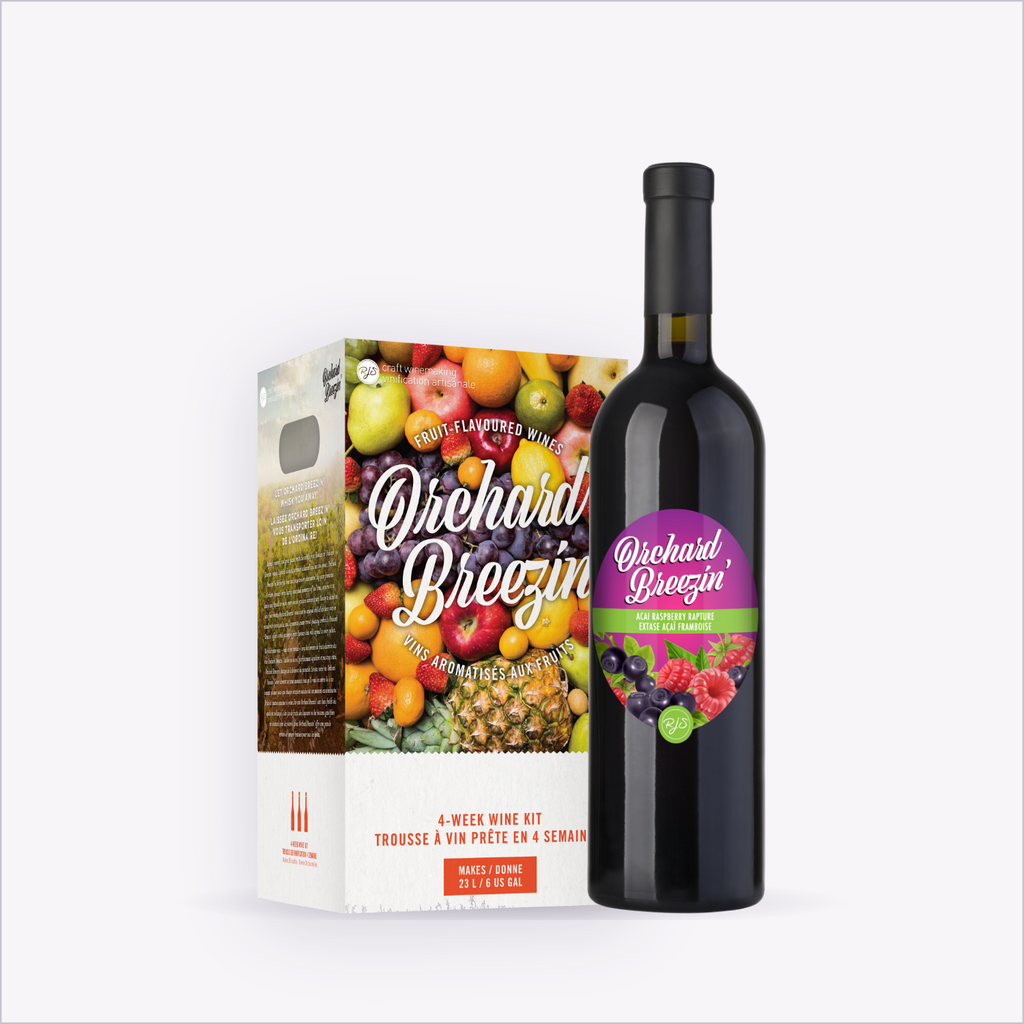 Orchard Breezin' Acai Raspberry Rapture wine kit box with the finished bottle