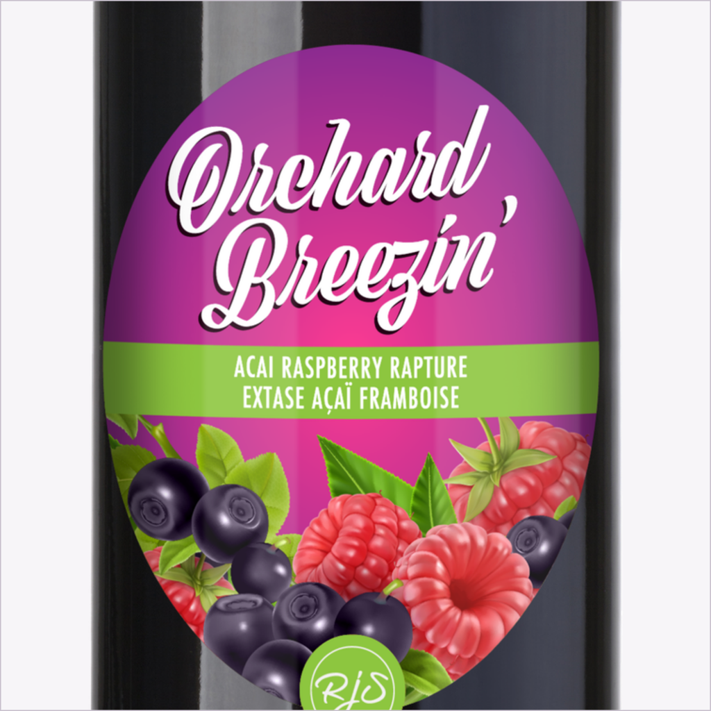 Close-up of the Orchard Breezin' Acai Raspberry Rapture bottle label